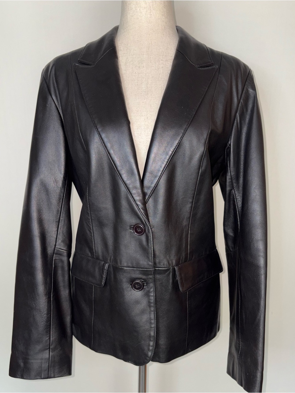 Vintage 90s Margaret Godfrey Classic Black Women’s Leather Blazer Jacket Size 10
